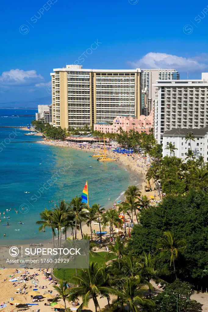 Hawaii, Oahu, Waikiki, View Of The Pacific Ocean, Waikiki Beach, And Famous Hotels.