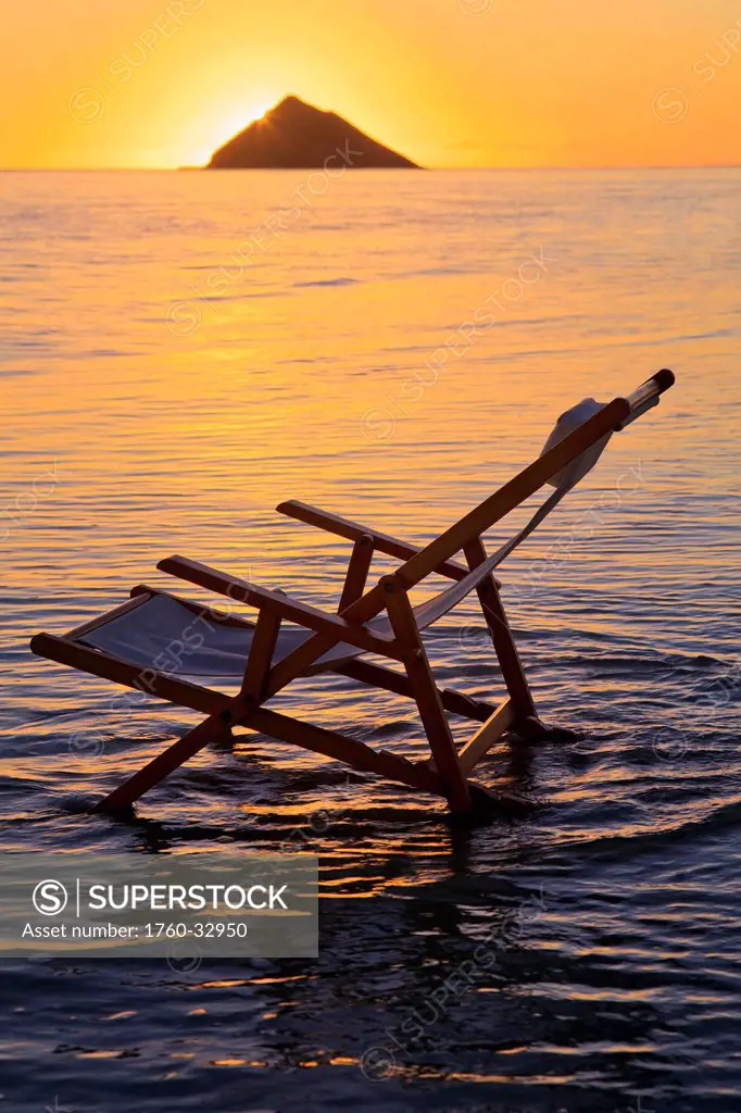 Hawaii, Lanikai, Empty Beach Chair At Sunset.