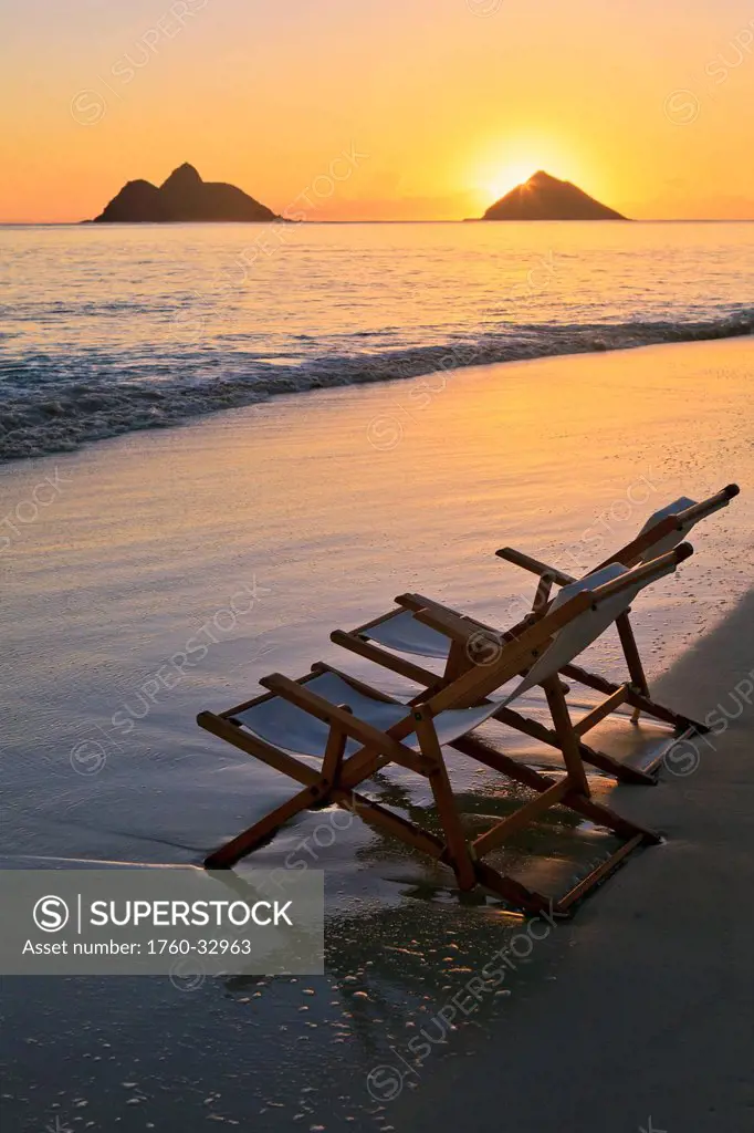 Hawaii, Lanikai, Pair Of Empty Beach Chairs At Sunset.