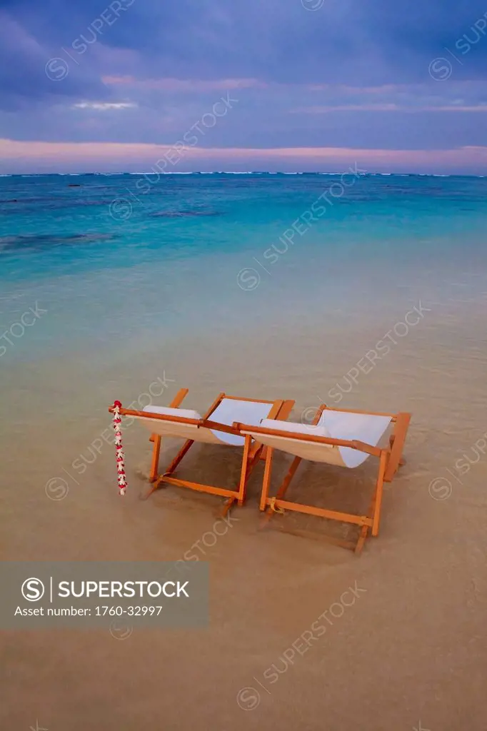 Hawaii, Oahu, Kailua, Two Lounge Chairs On The White Sandy Beach Of Lanikai.