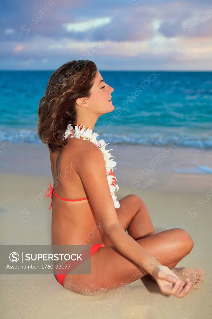 Hawaii, Oahu, Kailua, Lanikai, Young Woman Meditating On Beach.
