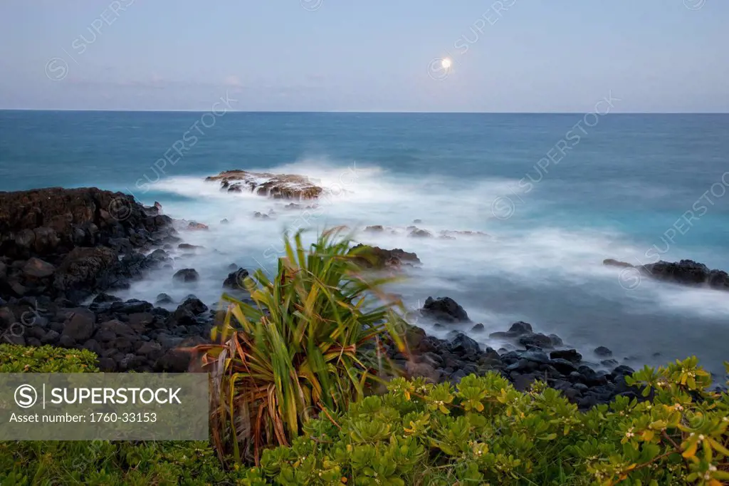 Hawaii, Maui, Hana, The Moon Rising Over Soft Ocean.