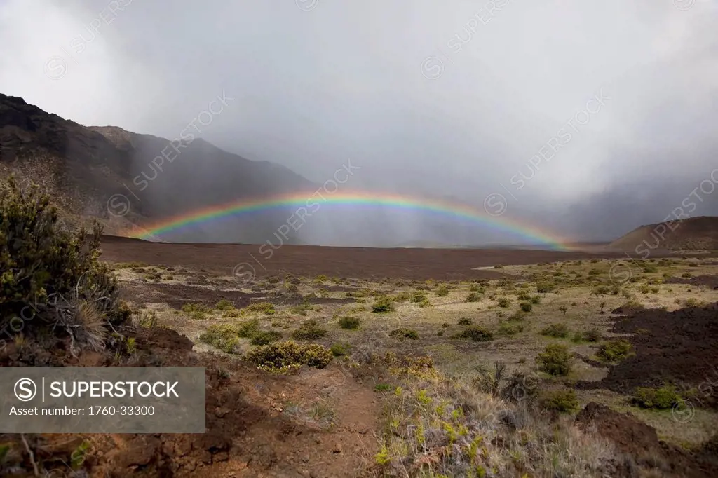 Hawaii, Maui, Haleakala, Crater, A Bright, Colorful Rainbow.