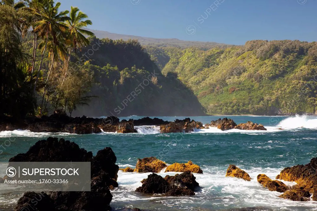 Hawaii, Maui, Keanae Peninsula, Ocean And Palm Trees.