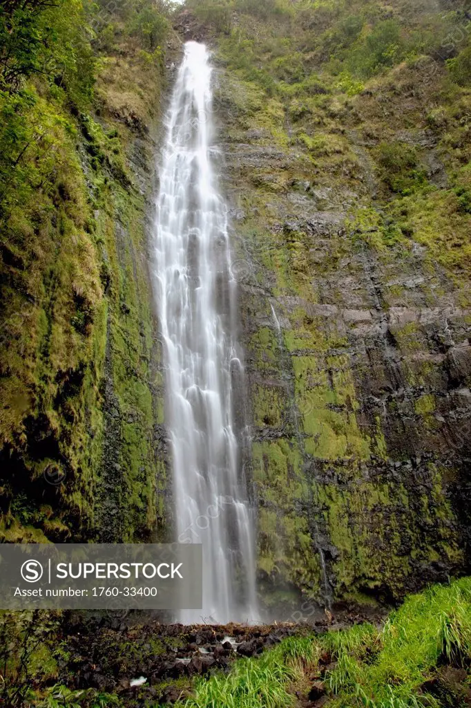 Hawaii, Maui, A Waterfall In Kipahulu With Lush Foliage.