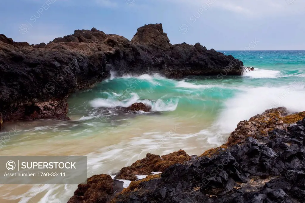 Hawaii, Maui, Makena, Ocean Wave On Rocky Coastline.