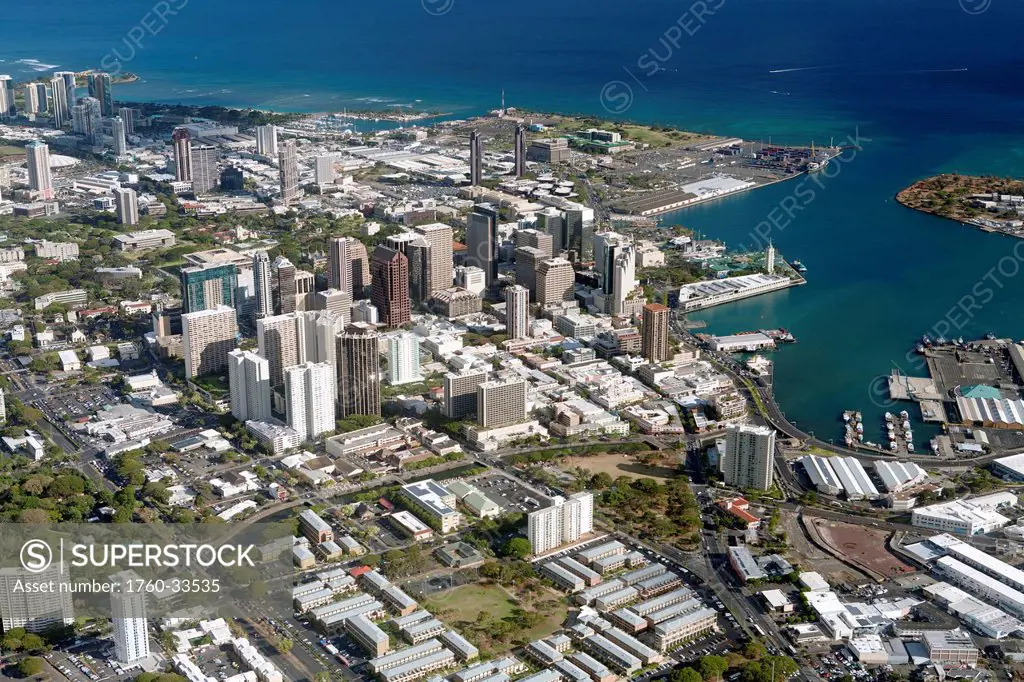 Hawaii, Oahu, Honolulu, Aerial view of the center of the downtown district.