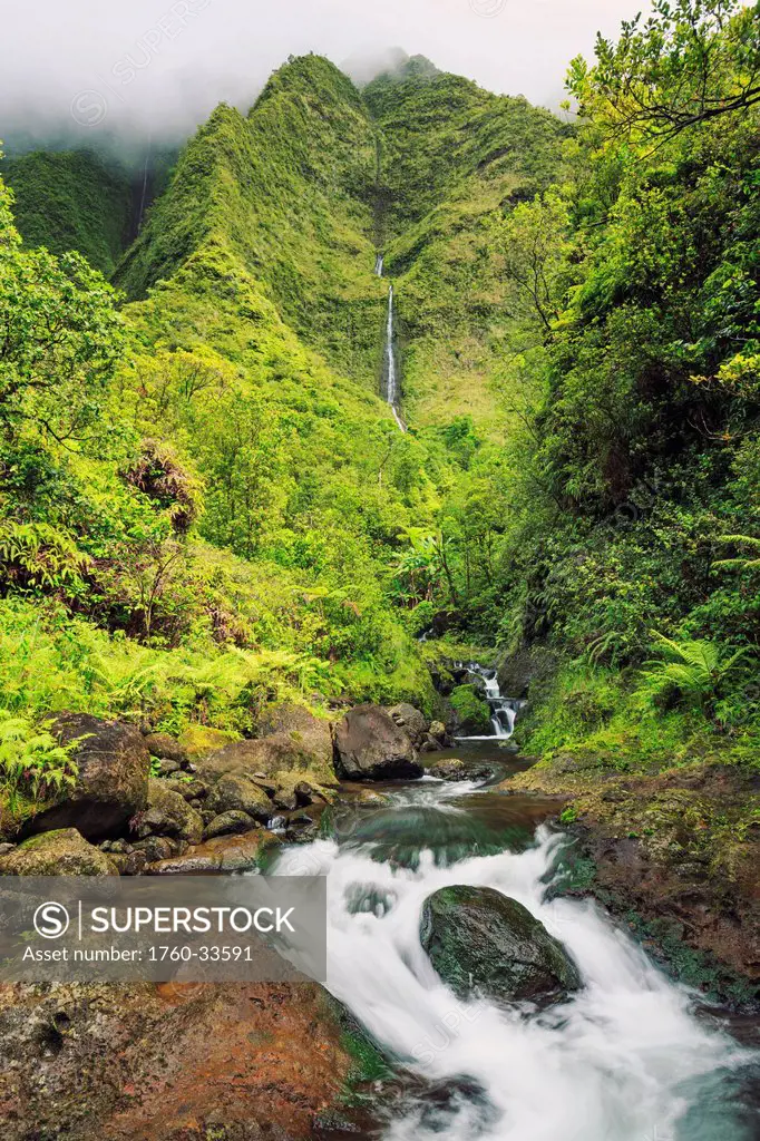 Hawaii, Kauai, Wailua, Beautiful Waterfall and Lush Jungle Stream