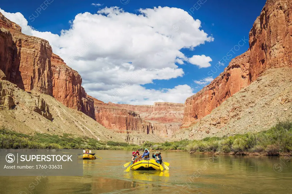 Arizona, Grand Canyon National Park, Friends rafting on the Colorado River, Calm water. EDITORIAL USE ONLY.
