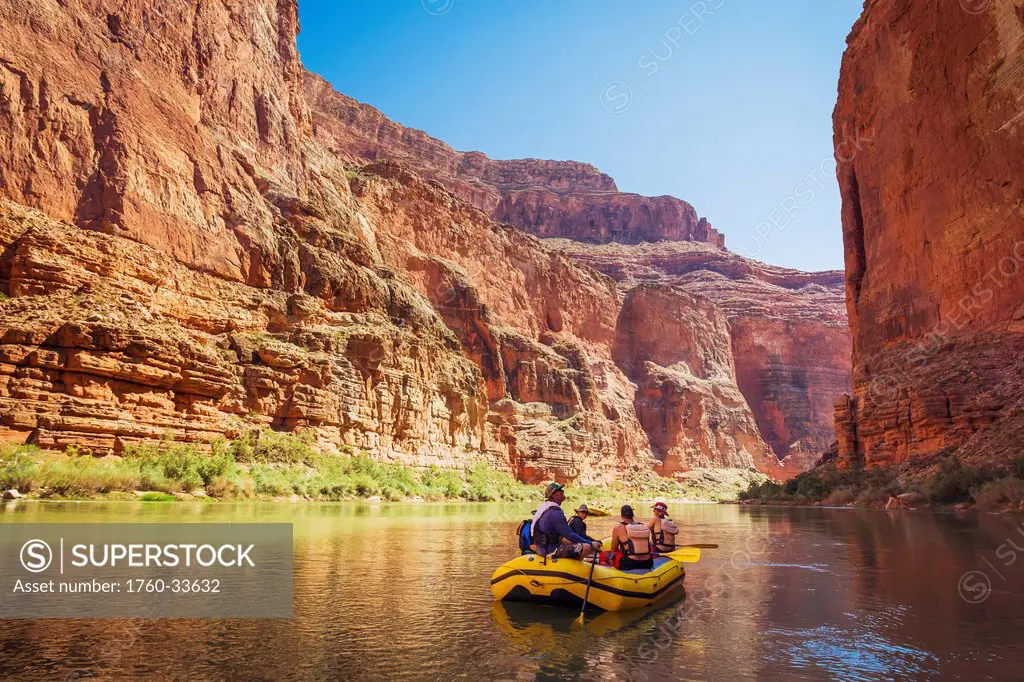 Arizona, Grand Canyon National Park, Friends rafting on the Colorado River, Calm water. EDITORIAL USE ONLY.