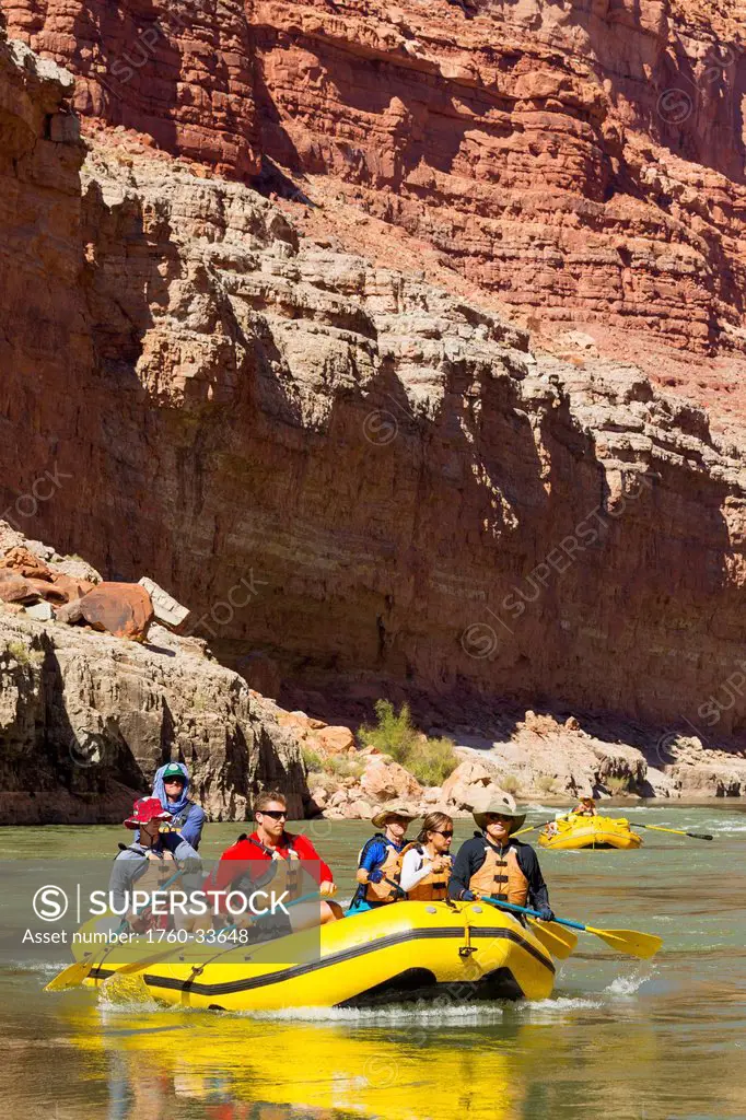 Arizona, Grand Canyon National Park, Friends and family rafting on the Colorado River. EDITORIAL USE ONLY.