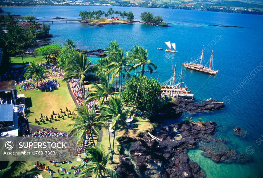 Hawaii, Big Island, Hilo Harbor, Aerial view of pre-sail ceremonies for Hokulea sailing canoe. NO COMMERCIAL USE