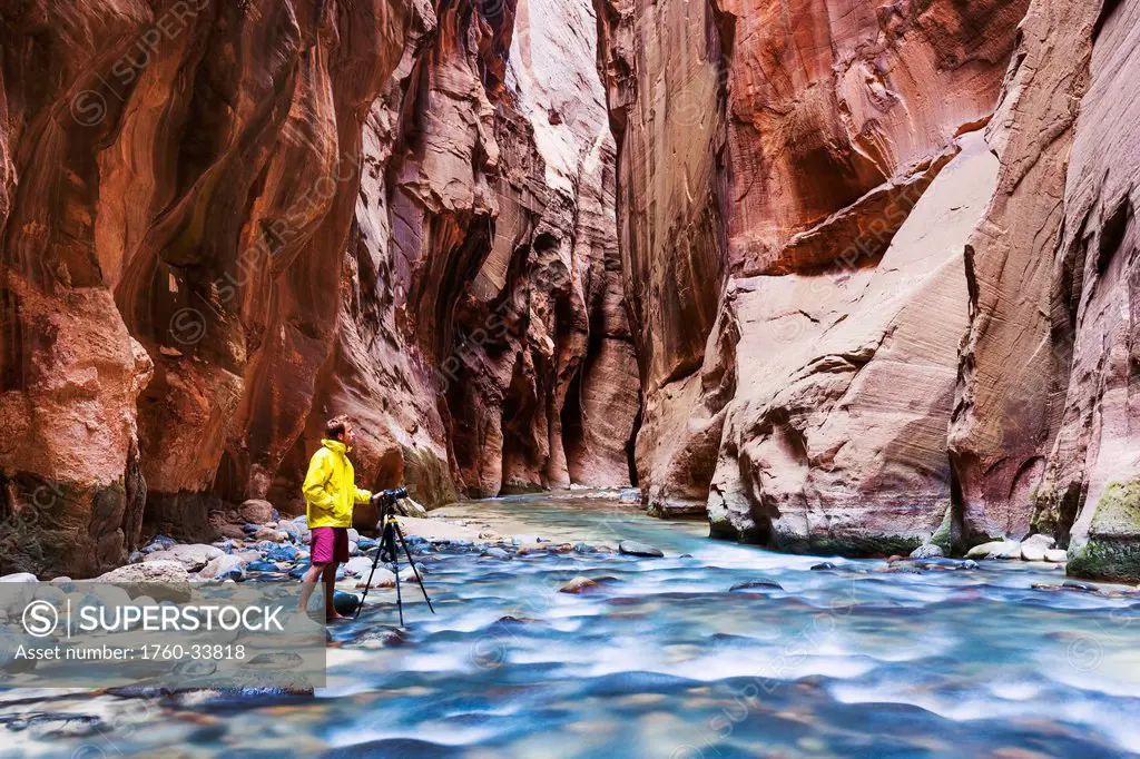 Utah, Zion National Park, Virgin River, Young man photographs the narrowing canyon, Long exposure.