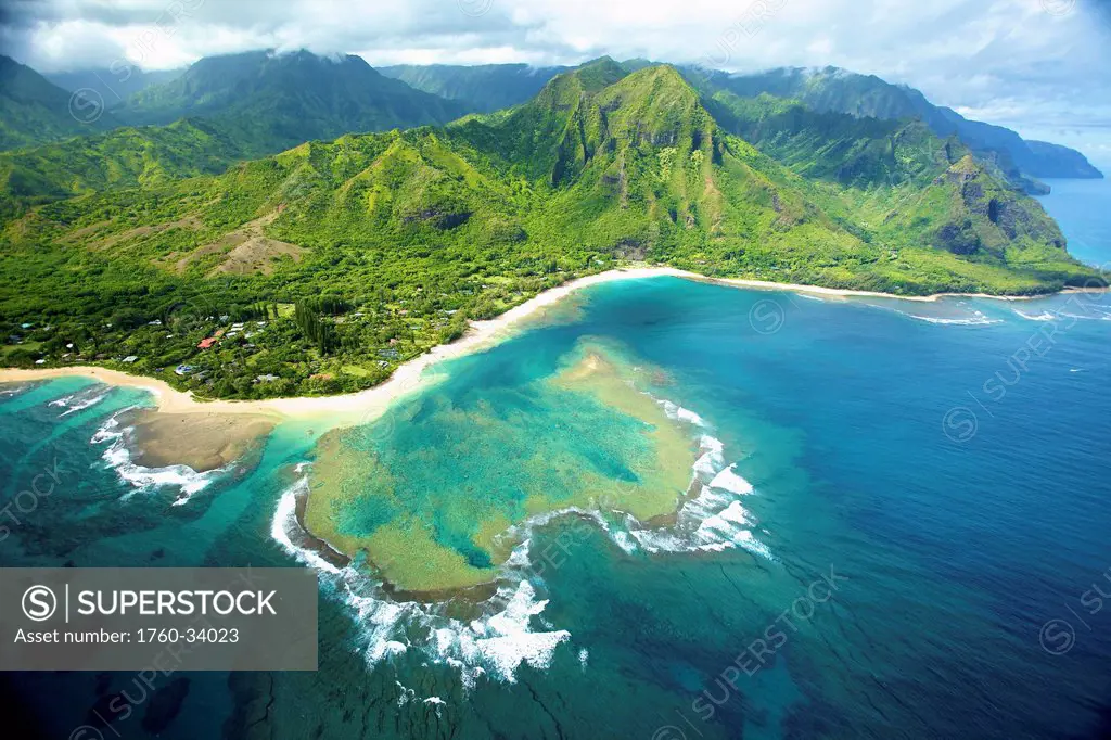 Aerial view of the coastline of an hawaiian island; Hawaii, United States of America