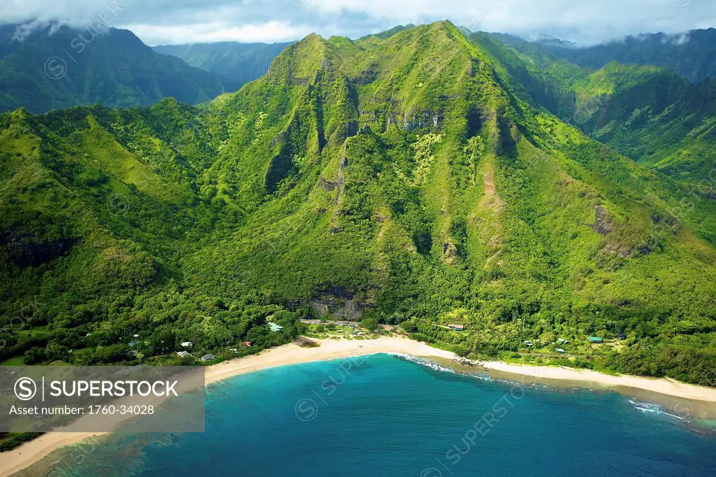 Aerial view of the coastline of an hawaiian island; Hawaii, United States of America