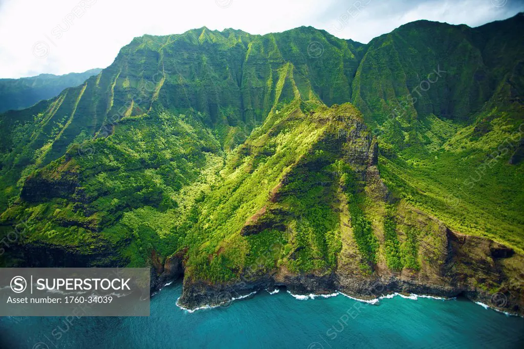 Aerial view of the coastline of an hawaiian island; Hawaii, United States of America