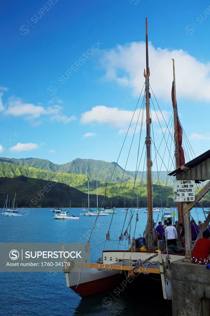 People waiting to board a boat along the coast of an hawaiian island; Hawaii, United States of America