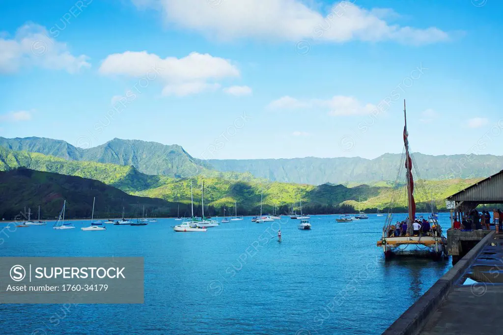 Boats mooring in a harbour off the coast of an hawaiian island; Hawaii, United States of America