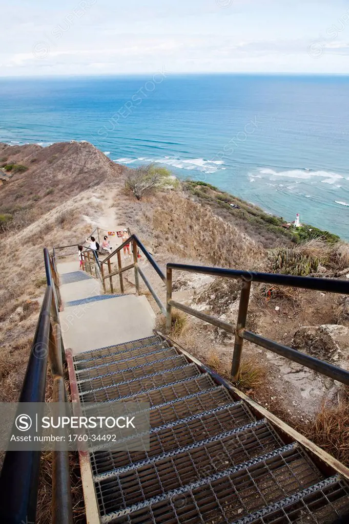 Stairs leading down to a ridge overlooking the ocean; Honolulu, Oahu, Hawaii, United States of America