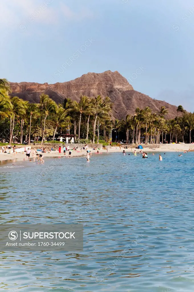 Mountain, palm trees and beach wit people swimming in the ocean along the coast; Honolulu, Oahu, Hawaii, United States of America