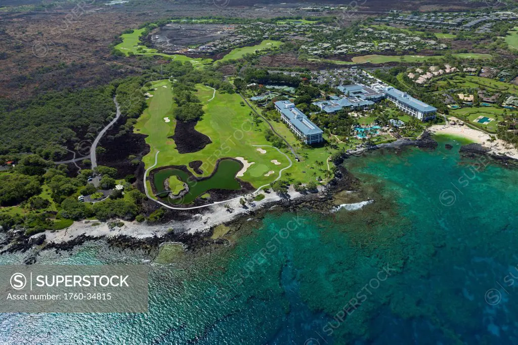 Aerial view of Fairmont Orchid Hotel and Mauna Lani Golf Course; Big Island, Hawaii, United States of America