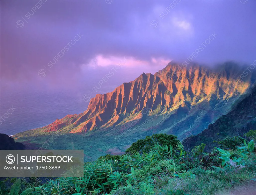 Hawaii, Kauai, NaPali Coast, Kalalau Valley Ka´a´alahina Ridge, purple sky A41F