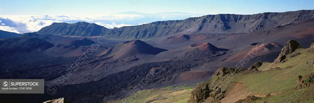 Hawaii, Maui, Haleakala National Park, Cinder cones along crater floor A47E panoramic
