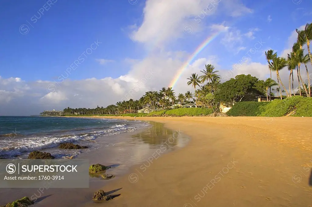 Hawaii, Maui, Kihei, Keawakapu Beach, Beautiful coastal scenic in warm afternoon lighting, Rainbow over palm trees