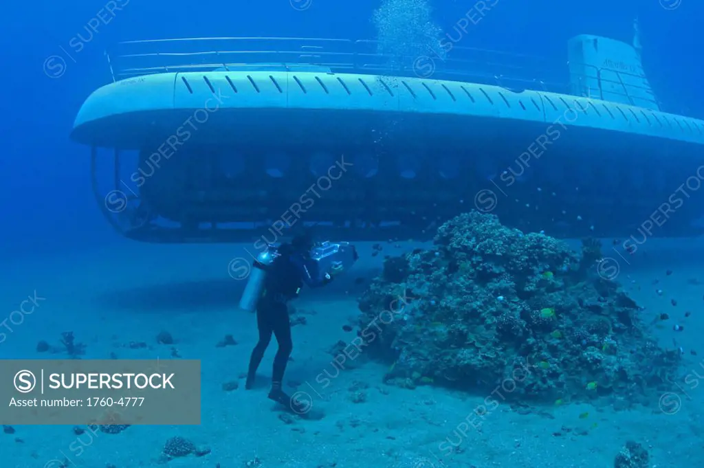 Hawaii, Maui, diver films an Atlantis submarine as it passes by