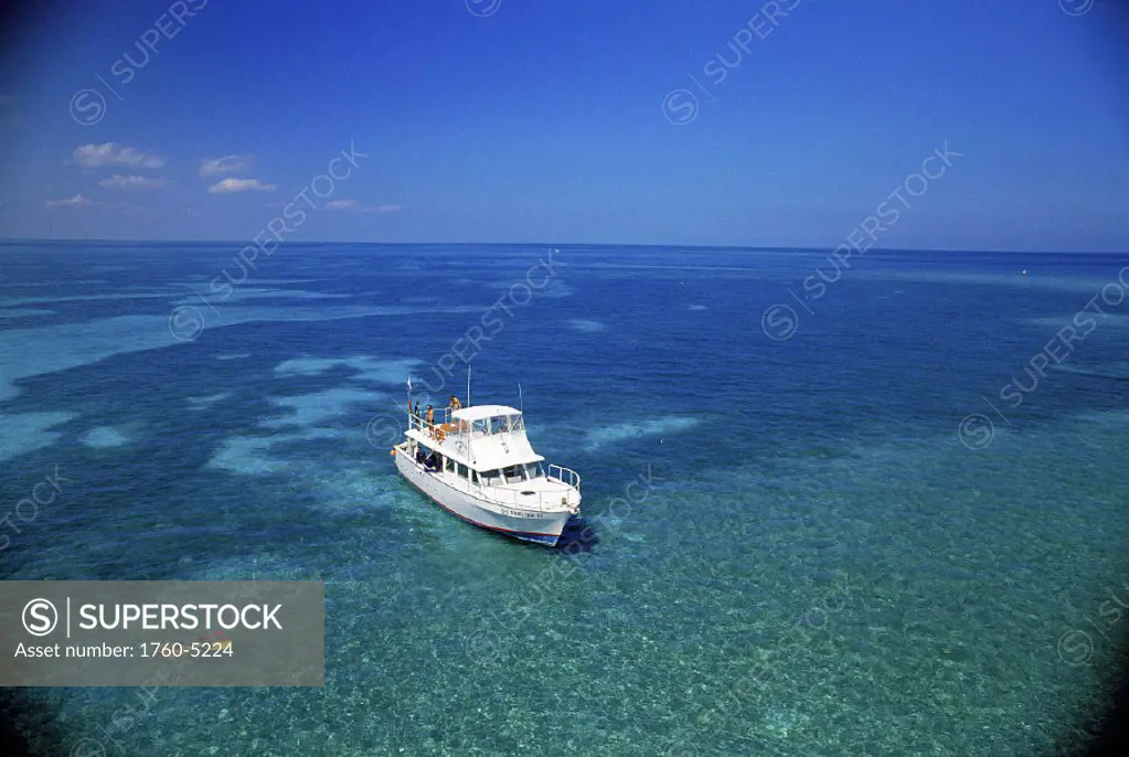 Florida distant vu fr above snorkeler & boat off Molasses Reef D1370 Key Largo Atlantic Ocean