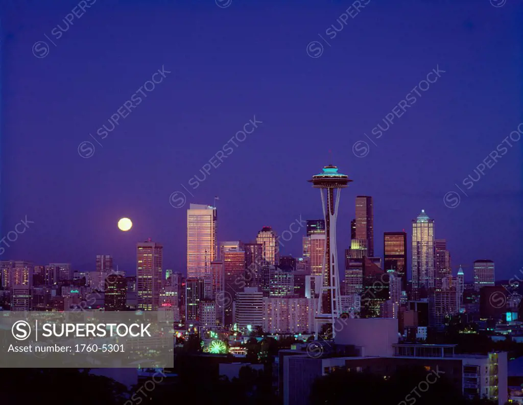 Washington Seattle, Downtown skyline w/ moonrise twilight overview A50E