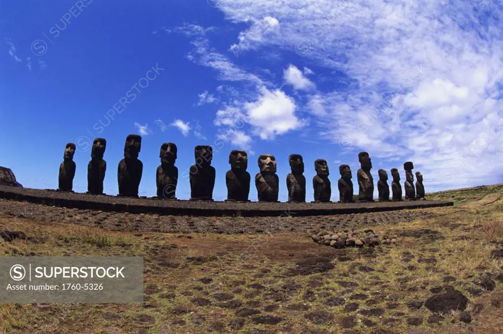 Easter Island, Ahu Tongariki Platform with line of Moai Statues, wide angle.