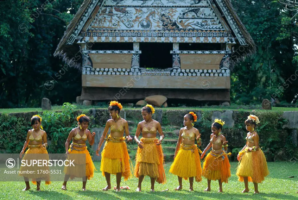 Micronesia, Palau, native dancers in front of Bai Koker A60G