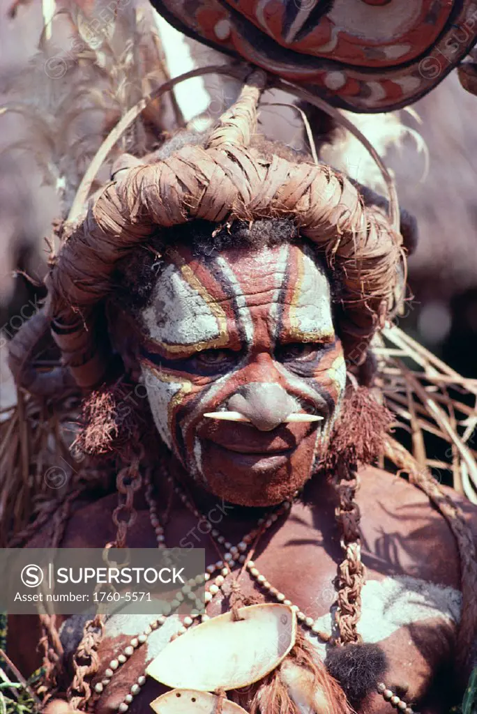 Papua New Guinea, native man traditional dress shell bone portrait A66B