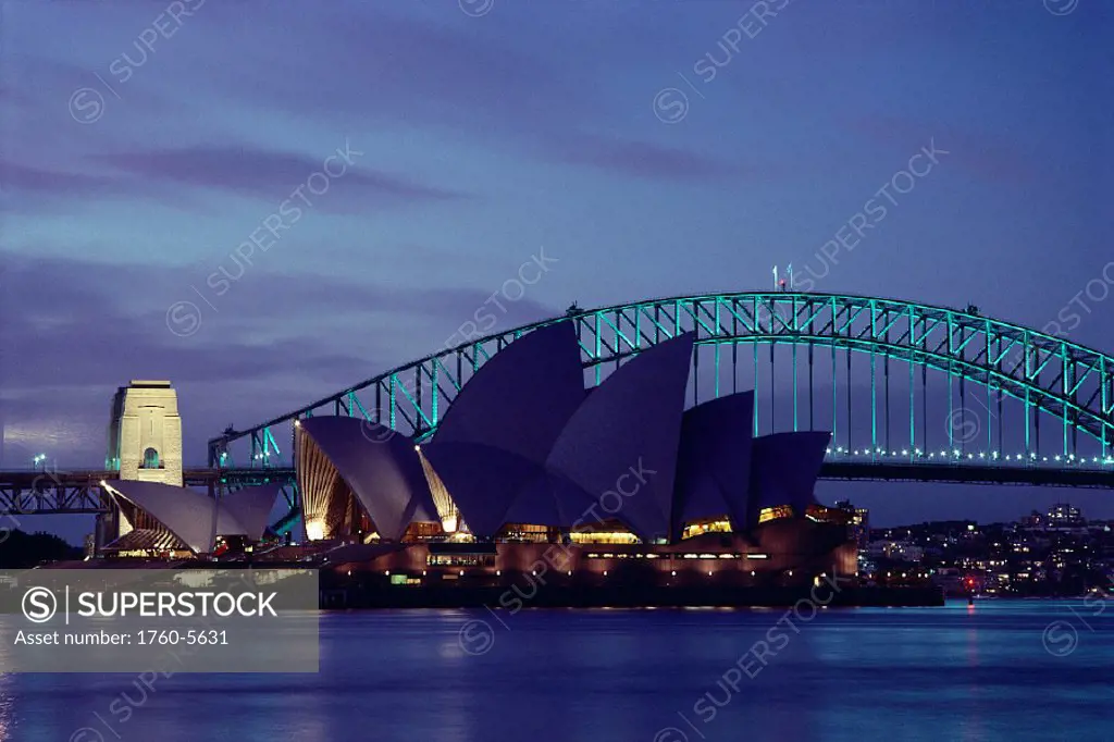 Australia, NSW Sydney Opera House, harbor and bridge @ twilight, lights A54F