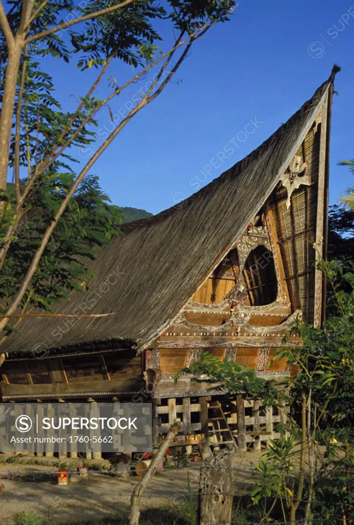 Indonesia, Sumatra, Toba Lake, Outside view of traditional batik house