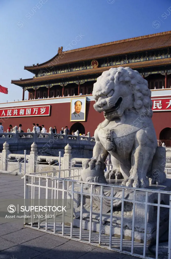 China, Beijing, Tianamen Gate, portrait of Mao, lion gargoyle