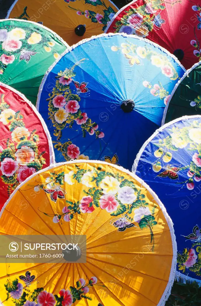 Thailand, Ayutthaya, Bang Sai Folk Arts and Crafts Village, Hand painted umbrellas, variety of colors