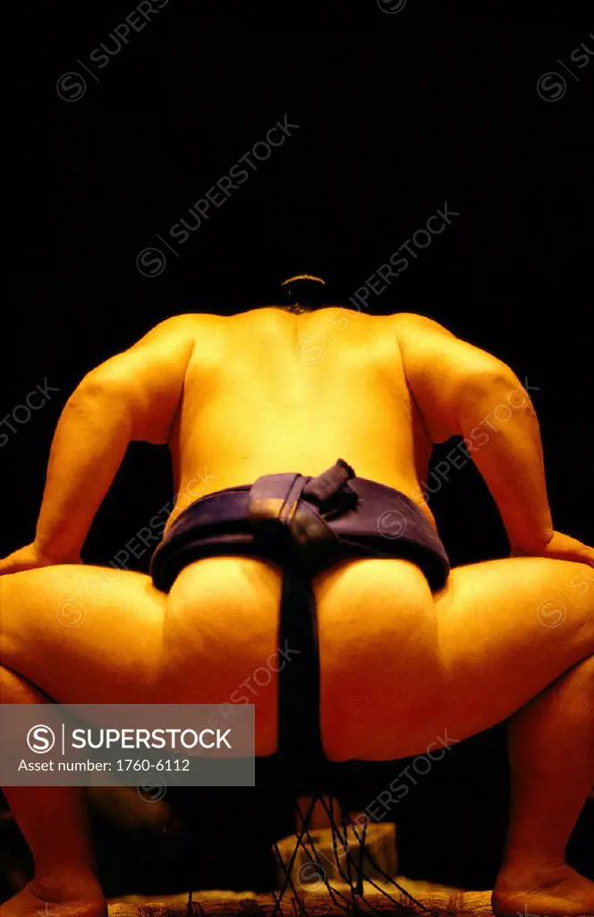 Japan, Sumo wrestler squatting, back view B1868