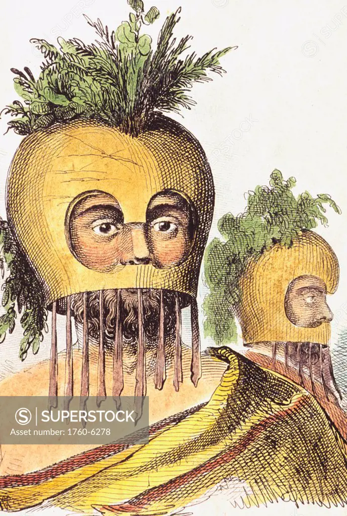 c 1840, Hand colored lith, Hawaii, man in gourd mask 