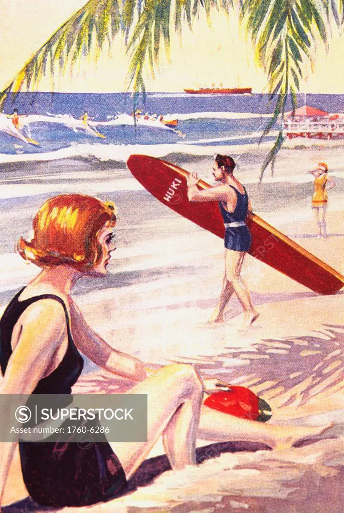 c 1925, Advertising Art, Hawaii, side view of woman on beach, surfer entering water 
