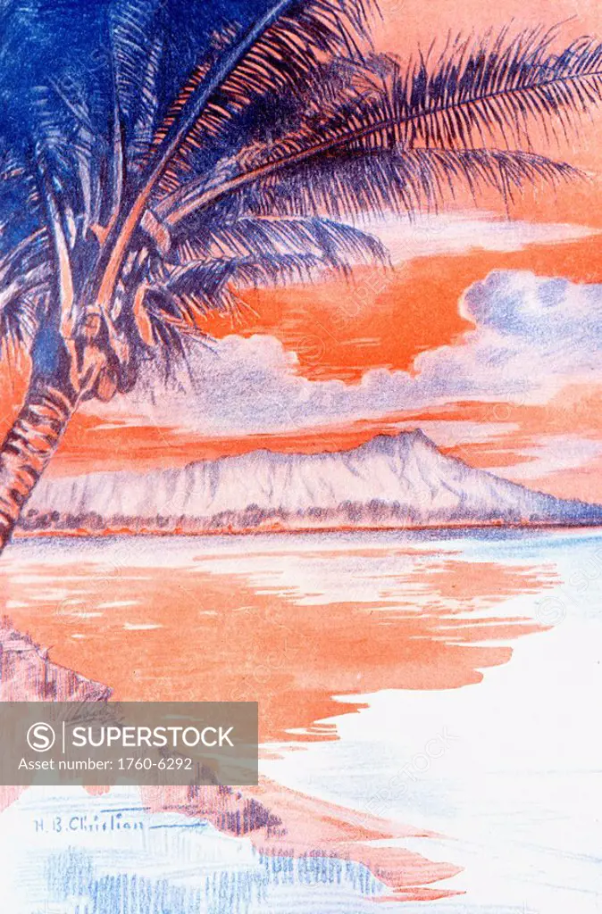 c 1926, H B  Christian art, Hawaii, Oahu, Waikiki, Diamond Head and palm tree, duatone illustration 