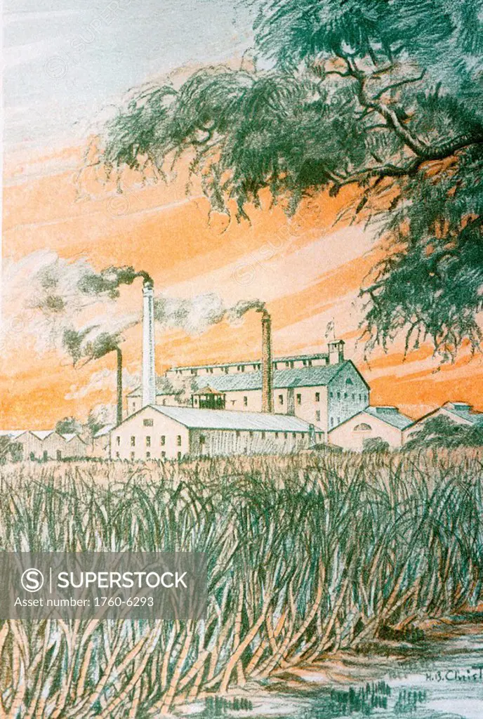 c 1926, H B  Christian art, Hawaii, duatone illustration of sugarcane field and refinery 