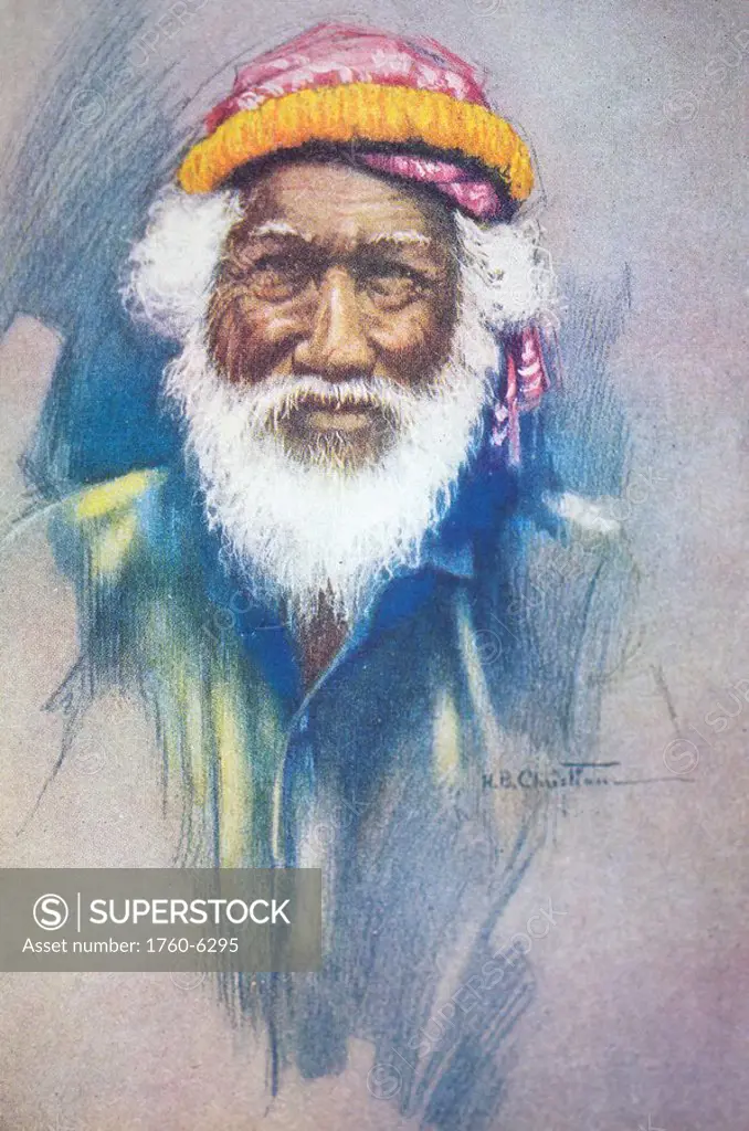 c 1926, H B  Christian art, portrait of senior Hawaiian man with white beard and haku lei 