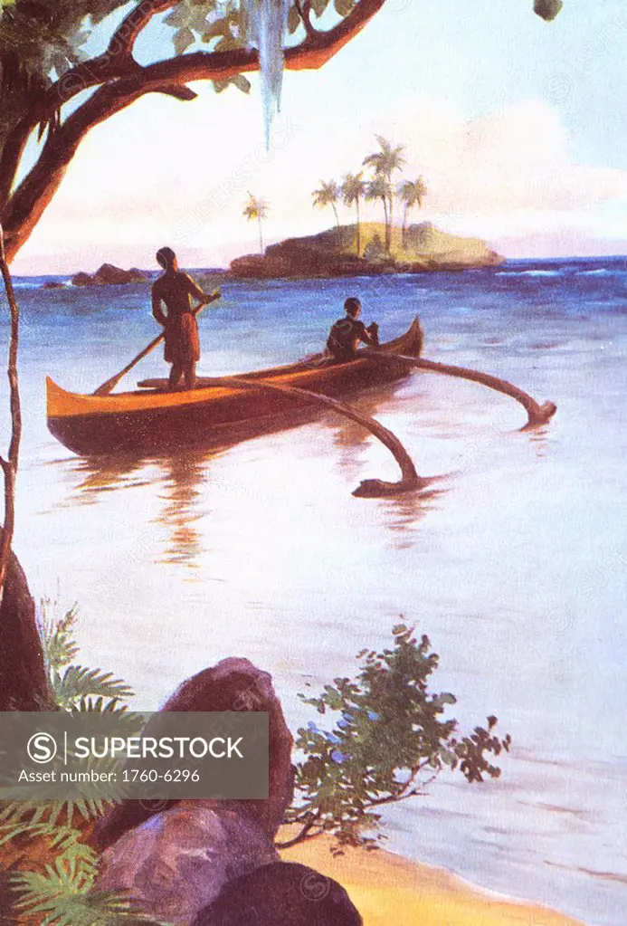 c 1921, Peter Rennings art, local men in outrigger canoe paddle toward small island 