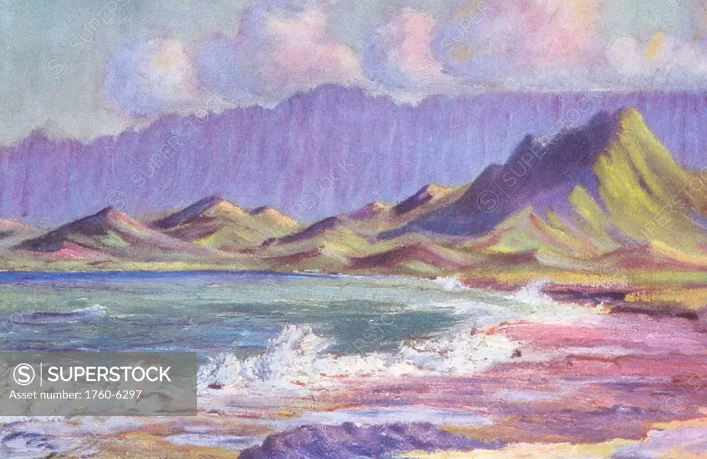 c 1927, E W  Sutton art, Hawaii, Oahu, Kailua, ocean and mountains 