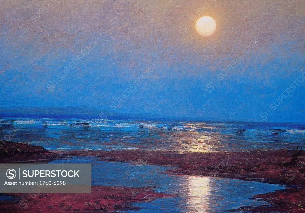 c 1917, Lionel Walden art, Hawaiian coastal scenic with moonlight reflections 