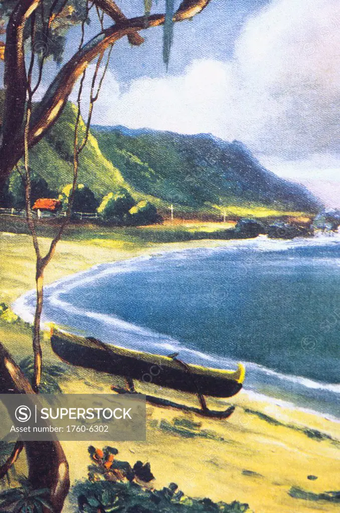c 1920, Henri Marcelle art, Hawaiian coastal scenic with outrigger canoe, mountains 