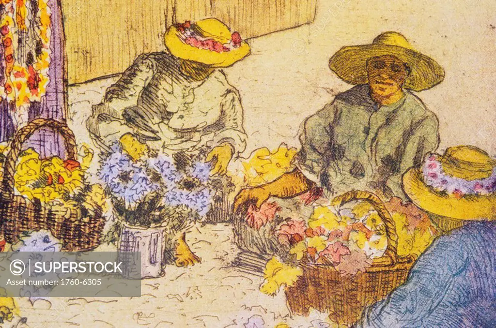 c 1929, C W  Bartlett art, colorful illustration of women making leis for Lei Day 