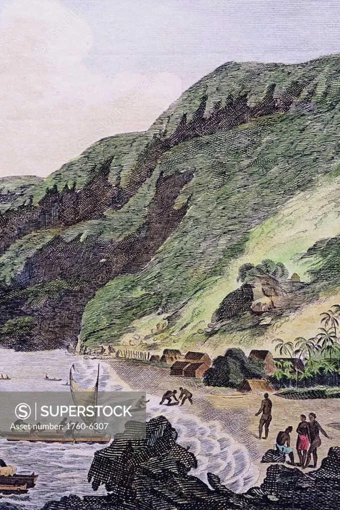 c 1784, colored engraving, Hawaii, coastal view of Karakooa in Owyhee 